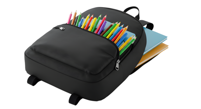 Black backpack filled with colorful pencils and notebooks isolated on white background, perfect for school and study