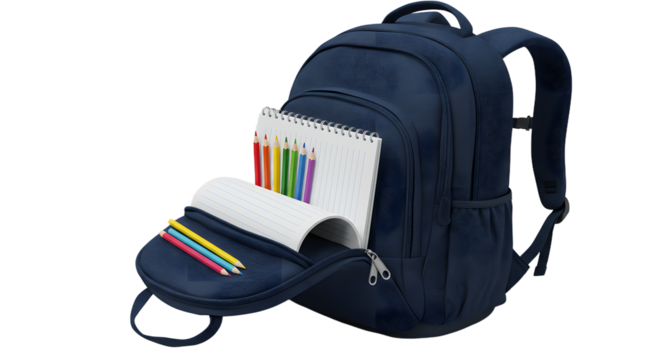 Blue backpack filled with colored pencils and a drawing notebook, ideal for school, art classes, and creative learning