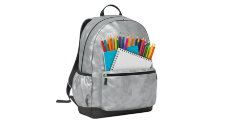 Gray backpack filled with colorful pencils and notebooks isolated on white, perfect school or office supplies image