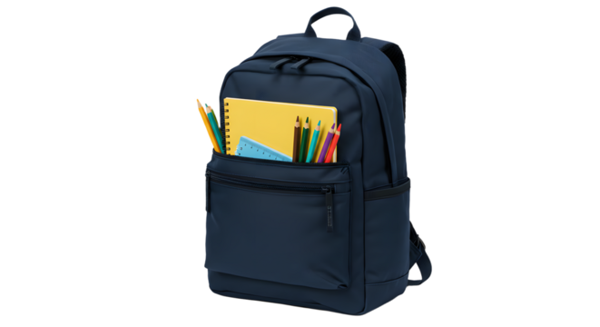Dark blue school backpack filled with colorful pencils and yellow notebook, isolated on white background, perfect for back to school