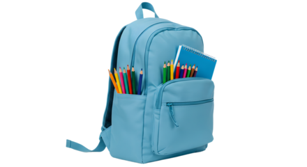 Light blue school backpack filled with colorful pencils and notebooks, isolated on white background, perfect for educational projects and back-to-school themes