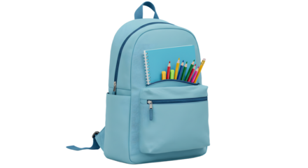 Light blue school backpack filled with colorful pencils and a blue notebook, education supplies, perfect for back-to-school themes