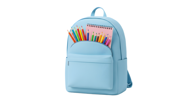 Light blue backpack filled with colorful pencils and notebooks isolated on white background, perfect for school supplies and education