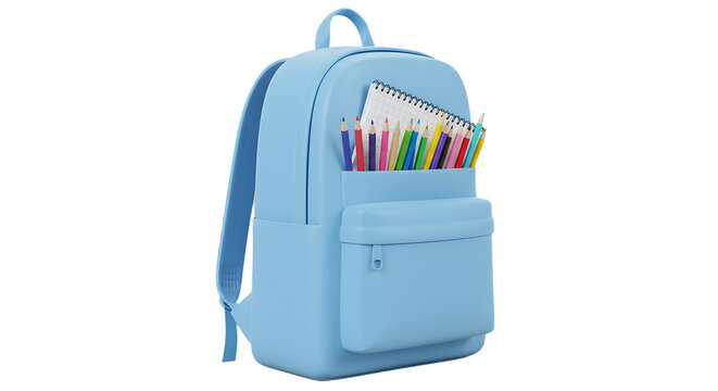 Light blue backpack filled with colored pencils and a spiral notebook, perfect for school supplies and student essentials