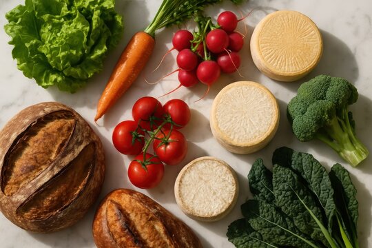 Fresh organic produce arrangement with artisanal cheese and whole grain bread displayed on rustic marble surface isolated against clean white background for food marketing