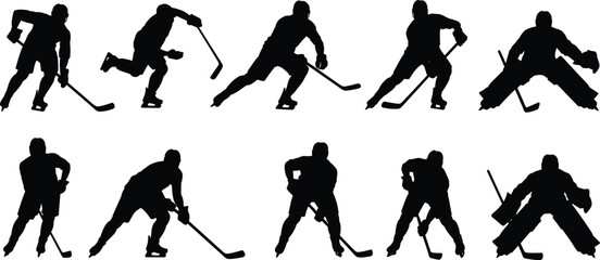 Ice hockey player silhouettes, skating and shooting poses, goalie actions, puck control, team sport concept, flat vector illustration, winter athletes