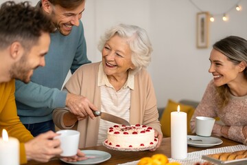 Elderly woman surrounded by family, smiling while cutting her birthday cake