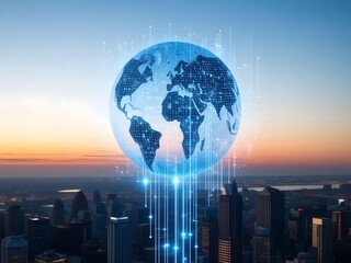 Global network connectivity over a modern city at sunset, showcasing innovation and technology