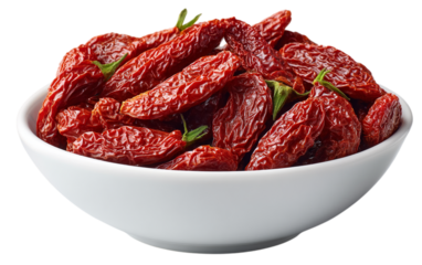 Red dried peppers fill a white bowl; glossy texture, product photography, posters.