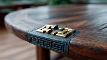 Close up view of a dark wood table corner with antique brass decorative inlay and greek key pattern