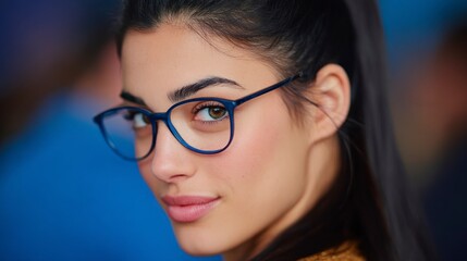 Fototapeta premium Close up portrait of a young woman wearing blue rimmed glasses with a soft smile