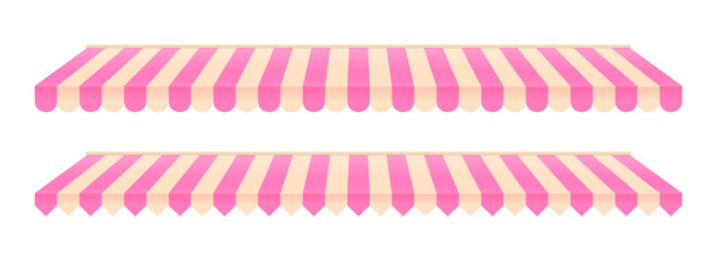 Striped shop tent set. Store window awning pattern collection. Cafe or restaurant roof canopy pack. Pink and cream stall market place cover. Striped sunshade design template. Vector