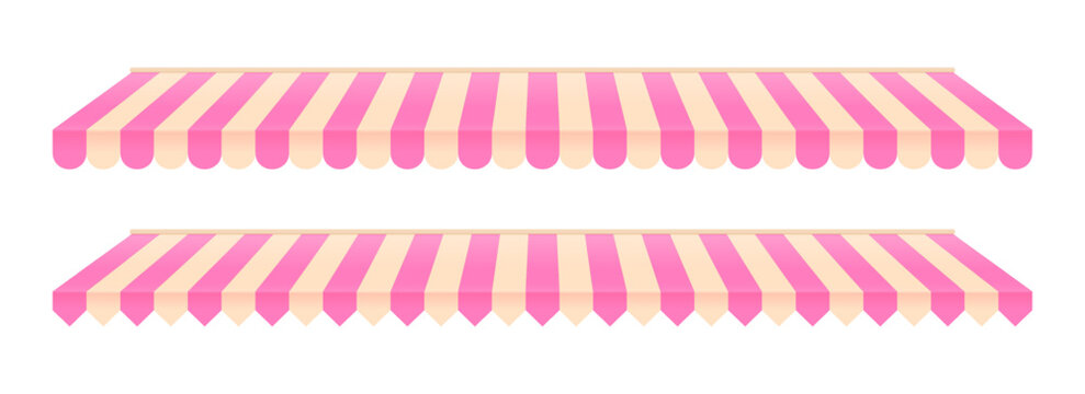 Striped shop tent set. Store window awning pattern collection. Cafe or restaurant roof canopy pack. Pink and cream stall market place cover. Striped sunshade design template. Vector