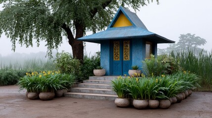 Small blue structure with yellow accents and green plants set against a misty background with a large tree
