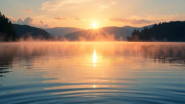 Stunning sunrise over tranquil lake with mist and mountains creating a peaceful scene