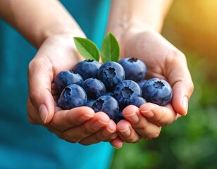 Fresh blueberries held in outstretched hands