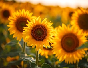 Fototapeta premium Golden sunflowers in a field at sunset