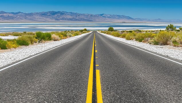 Straight highway disappearing into the distance, with a vast expanse of a salt lake and mountains beyond