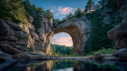 Majestic natural rock archway frames a serene forest and sky vista natural bridge