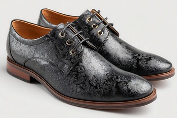 Black leather derby shoes with embossed floral pattern and gold eyelets on white background