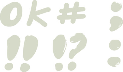 Pastel hand illustrations with punctuation marks like hashtags, exclamation points, question marks, and 'OK' for visual expression.