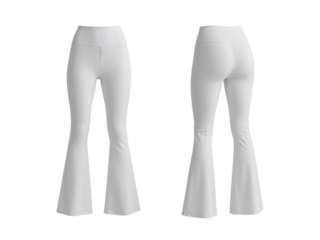 Elegant white bell-bottom pants showcasing front and back views on transparent presentation