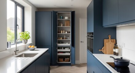 Organized modern kitchen with blue cabinets and white countertops for family living and cooking, showcasing stylish storage and clean design, perfect for home decor inspiration