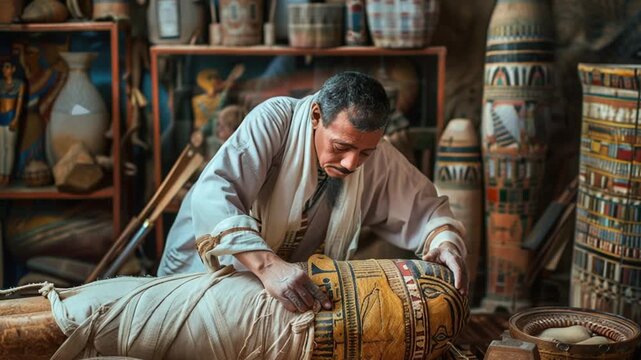 Mummification specialist wrapping linen on body 4K Videos