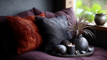 Arranged dark toned decorative pillows with plant in vase and lit candle