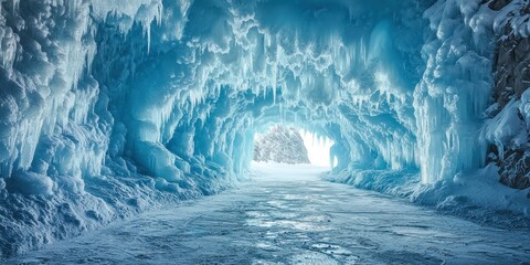 A breathtaking frozen tunnel, where light reflects off intricate ice formations