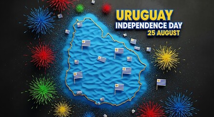Uruguay Independence Day: Festive 3D Map with Fireworks and Flags