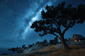 Night sky, Milky Way, silhouette tree, and rustic cabin