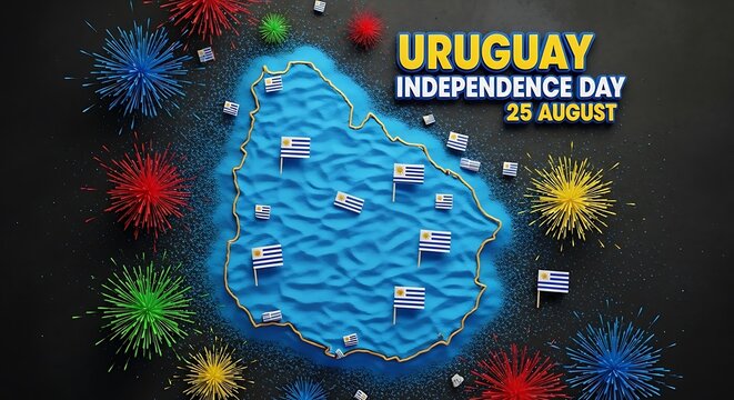 Uruguay Independence Day: Festive 3D Map with Fireworks and Flags - Powered by Adobe