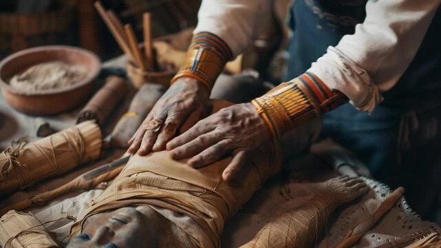 Mummification specialist wrapping linen on body 4K Videos