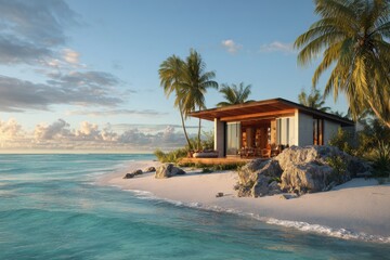 Secluded tropical villa on sandy beach surrounded by turquoise water and lush palm trees
