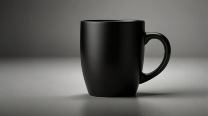 A solitary matte black mug sits on a minimalist gray surface, subtly reflecting light.