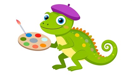 Obraz premium Cartoon Chameleon Artist with Palette and Beret, Expressive and Playful Design