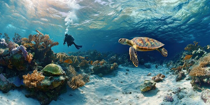 A breathtaking marine scene where a diver observes a sea turtle among the coral