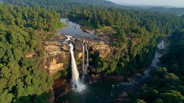 Aerial drone shot of a waterfall pouring from a high cliff into a river below