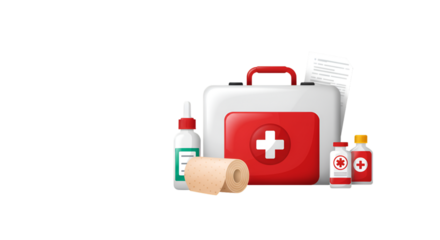 First aid kit with red cross and medical supplies