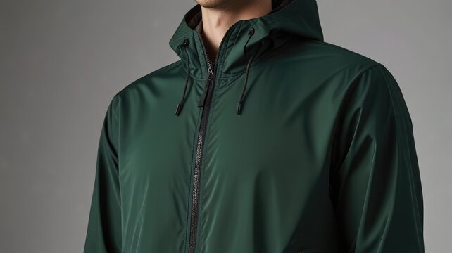 A dark green, lightweight hooded jacket with a zipper closure is shown in a close-up studio shot.