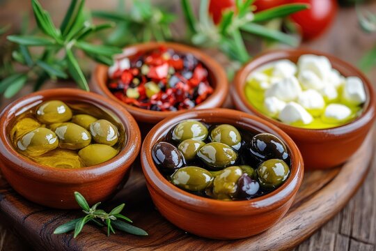 Assorted tapas in small bowls on wooden board, close up shot. Ideal for food blogs, restaurant menus, or culinary articles.