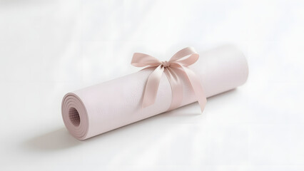 Fototapeta premium Single pastel yoga mat roll tied neatly with a satin ribbon, evoking a calm wellness-at-home vibe, isolated on a pure white background, showcasing texture detail and minimal, serene aesthetics