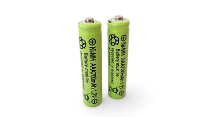 A pair of rechargeable AAA Ni-MH batteries, highlighting their eco-friendly nature and specific...