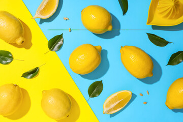 Fresh ripe lemons with leaves and juicer on colorful background