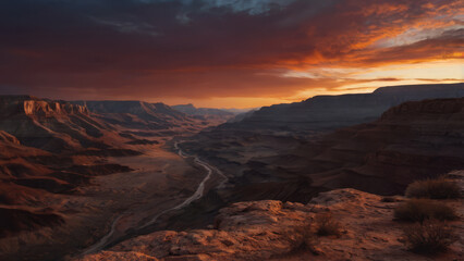 Naklejka premium Desert Canyon at Dusk Cinematic Desktop Wallpaper in Red and Orange Tones