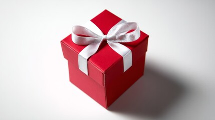 Fototapeta premium Red gift box with white ribbon and bow, centered product shot on clean background. 