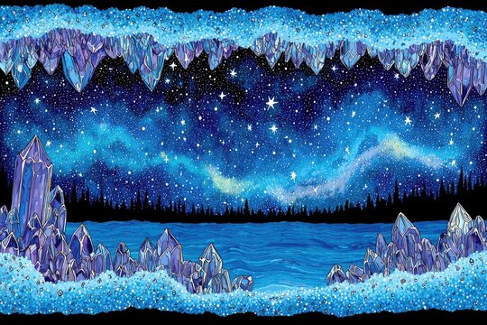 Crystal cave, starry night sky, framed by sparkling blue crystals - Powered by Adobe