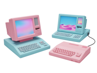 Retro pastel colored vintage computer monitors and keyboards arranged on a transparent background isolated on transparent background