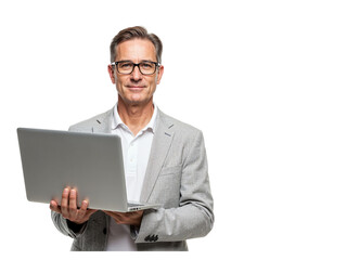 Confident middle aged businessman wearing glasses holding a laptop computer isolated on transparent background